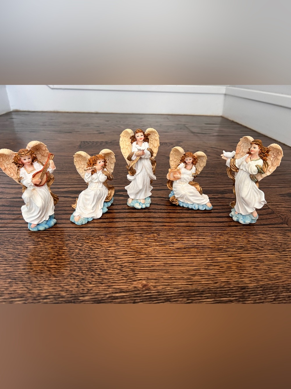 Set of 5 Resin Angel Figurines - White & Gold with Blue Clouds